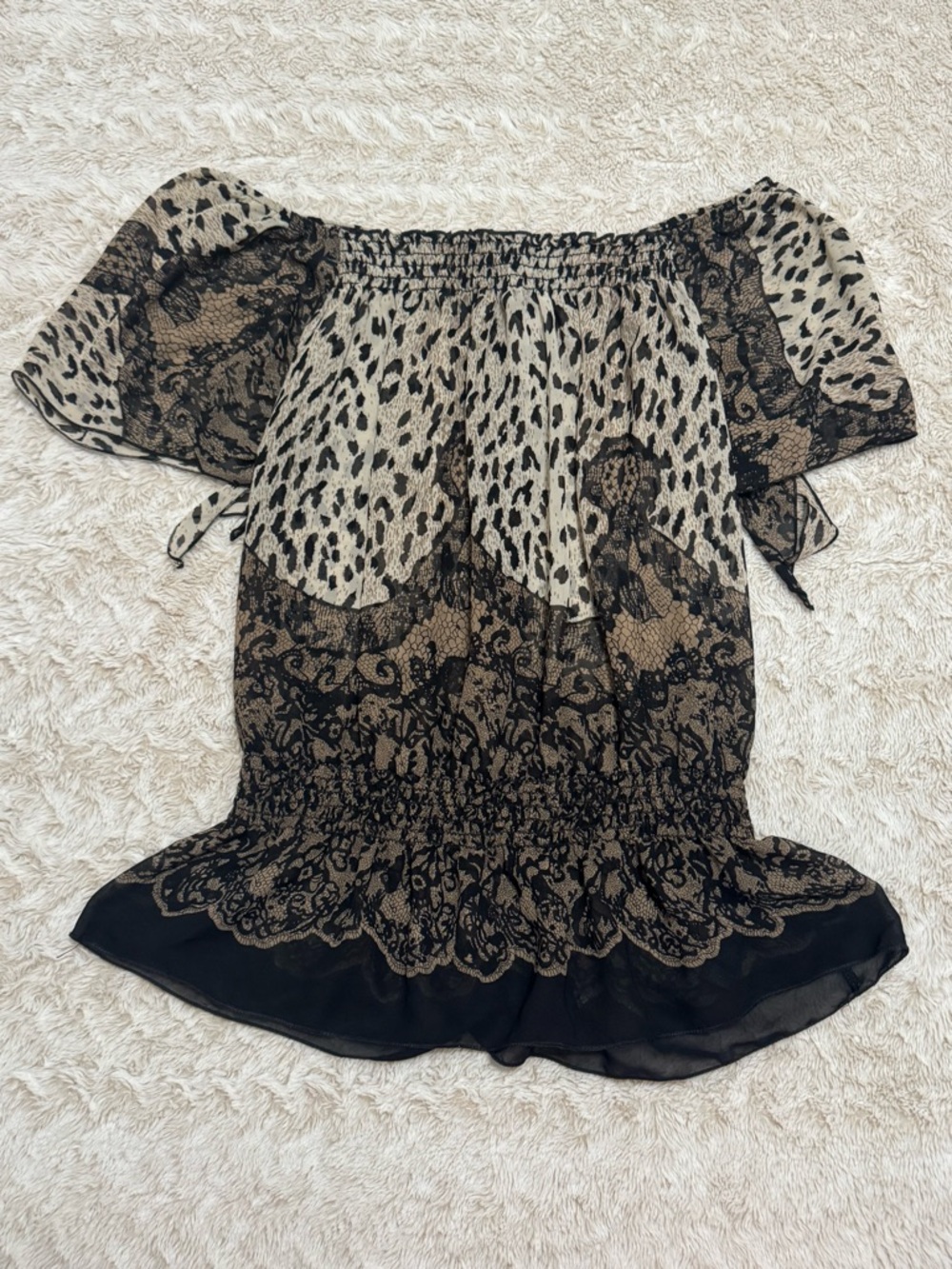2000s leopard print sheer off the shoulder top